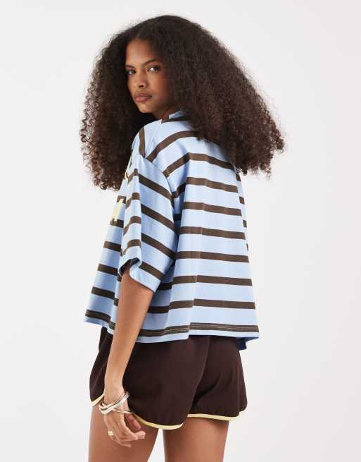 ASOS DESIGN Boxy crop tee with football graphic in blue and brown stripe, 4 of 4