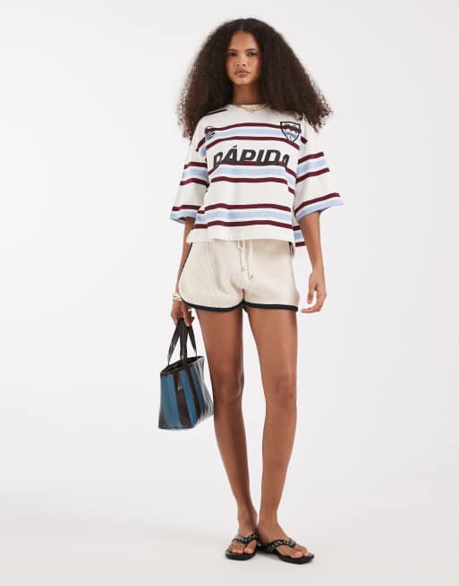ASOS DESIGN Boxy crop tee with football graphic in ecru stripe, 3 of 4
