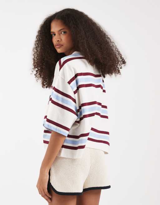 ASOS DESIGN Boxy crop tee with football graphic in ecru stripe, 4 of 4