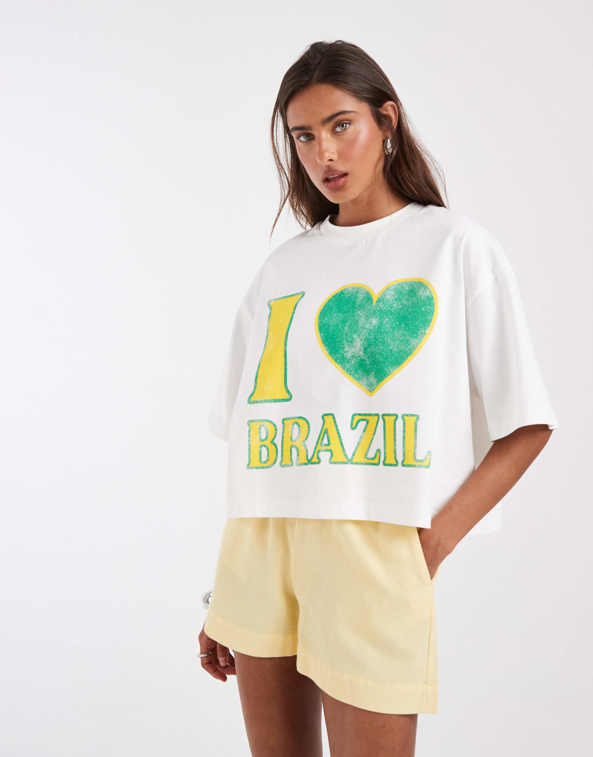 asos design boxy crop tee with i love brazil graphic in white