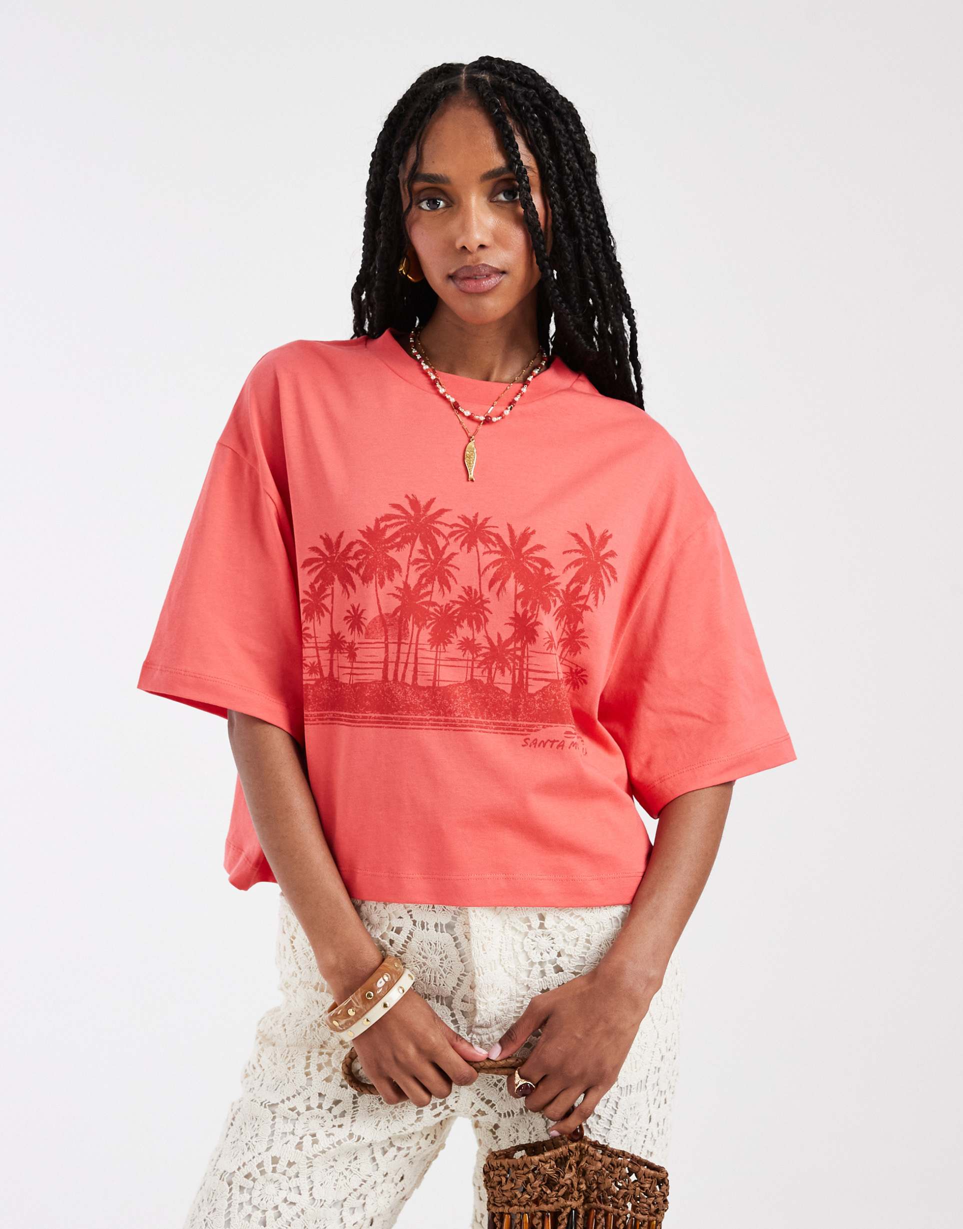 asos design boxy crop tee with palm island graphic in coral