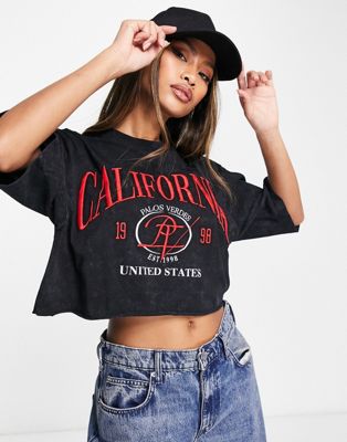 ASOS DESIGN boxy crop tee with red california embroidery in washed charcoal
