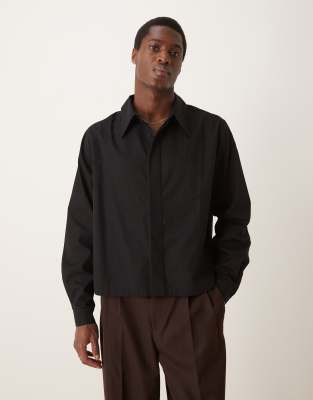 Asos Design Boxy Cropped 70s Collar Poplin Shirt In Black