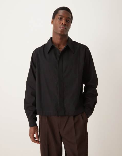 ASOS DESIGN boxy cropped 70s collar poplin shirt in black - view 1