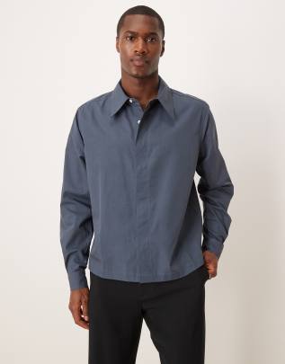 Asos Design Boxy Cropped 70s Collar Poplin Shirt In Gray