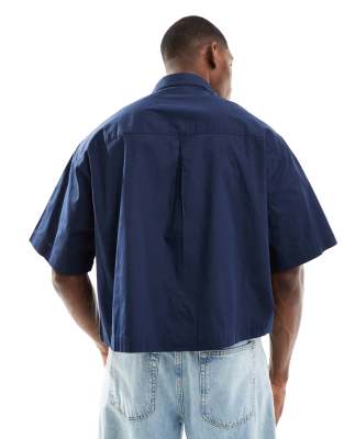 ASOS DESIGN boxy cropped 70s collar poplin shirt in navy