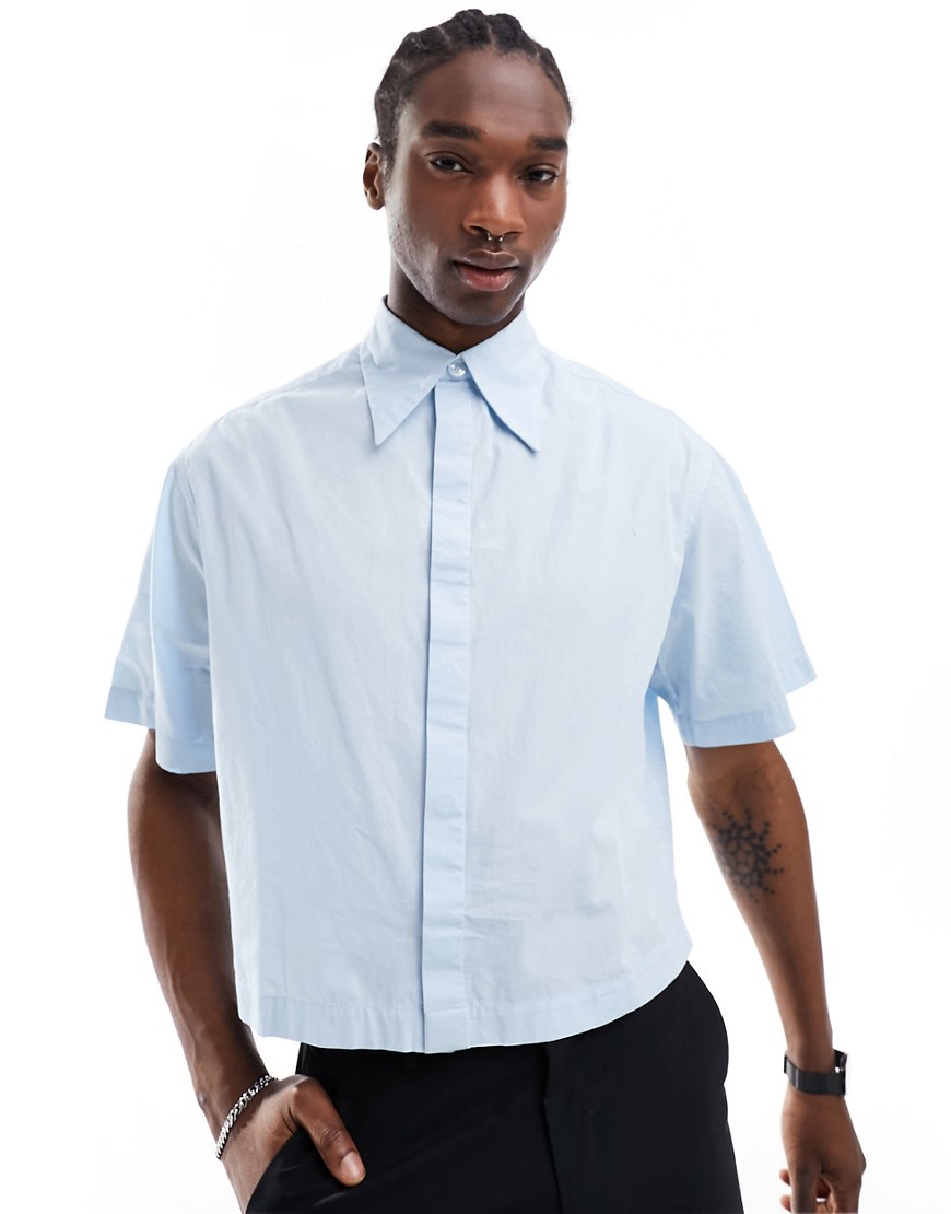 ASOS DESIGN boxy cropped 70s collar shirt in work blue