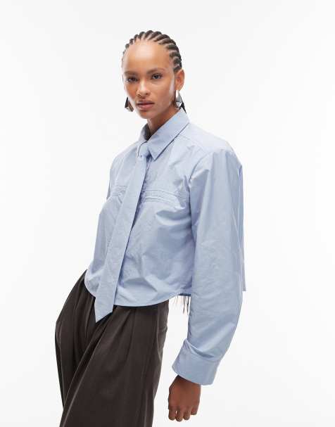 ASOS DESIGN boxy cropped nylon shirt with tie in blue - view 1