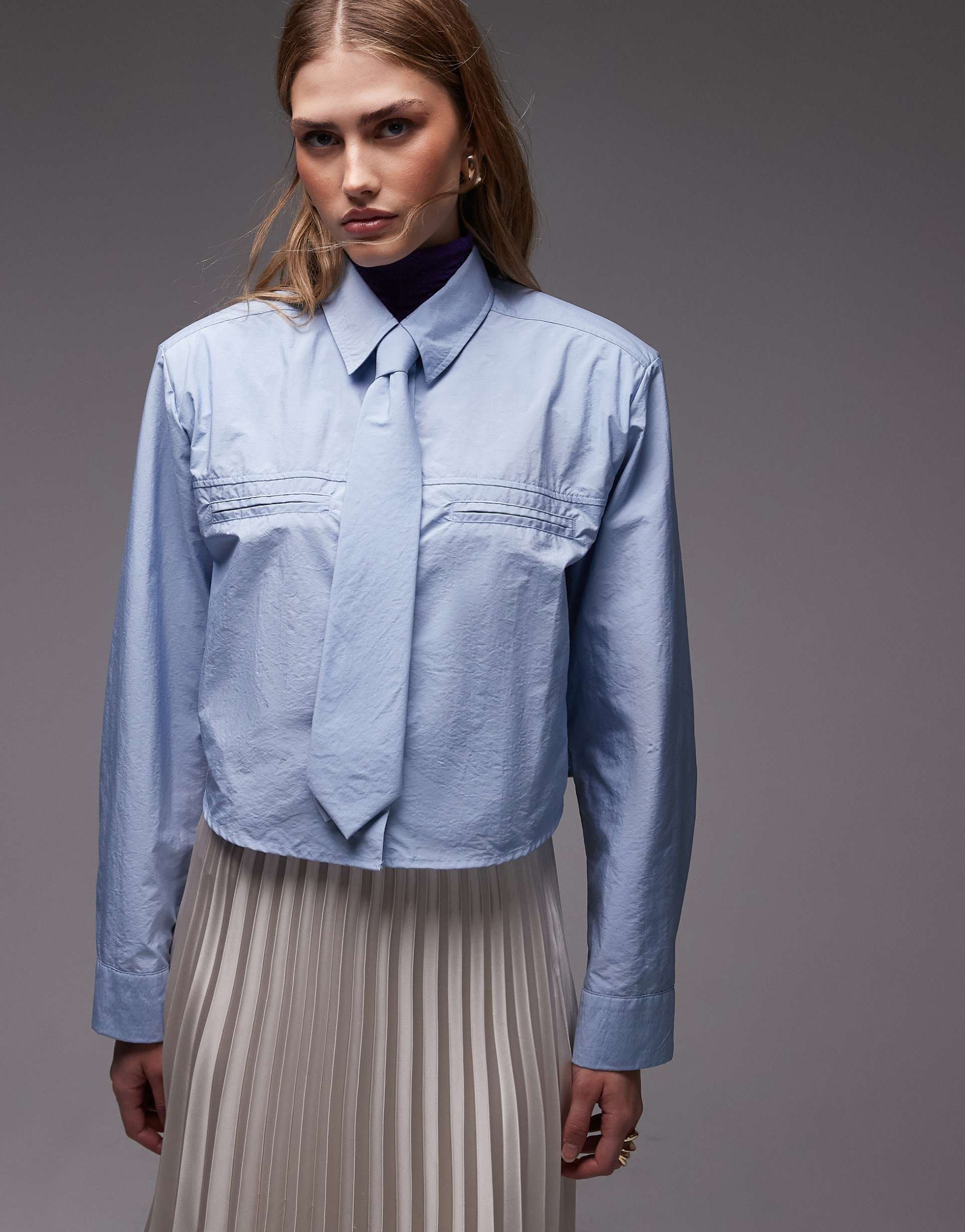 asos design boxy cropped nylon shirt with tie in blue