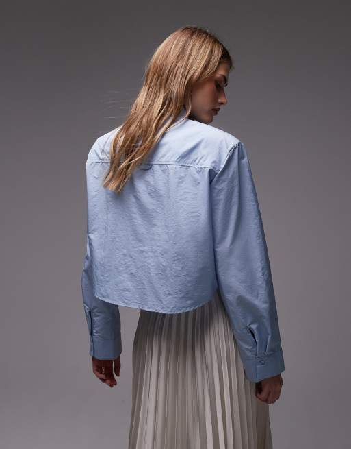 ASOS DESIGN boxy cropped nylon shirt with tie in blue, 2 of 4