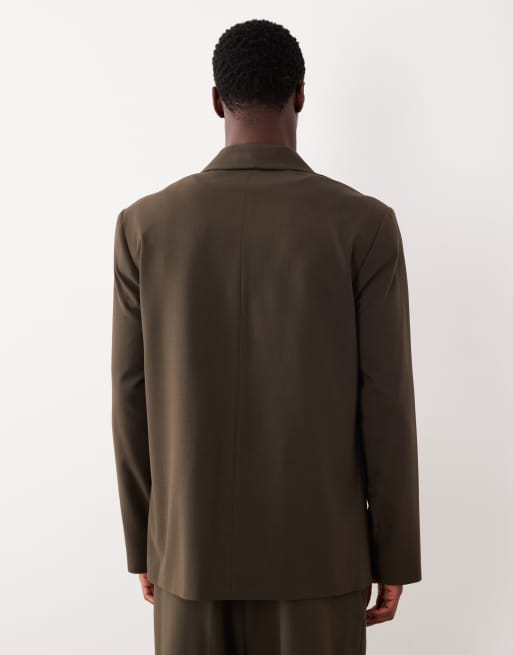 ASOS DESIGN boxy cropped shawl suit jacket in olive green, 3 of 5