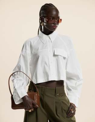 Asos Design Boxy Cropped Shirt With Pocket In Premium Cotton-white