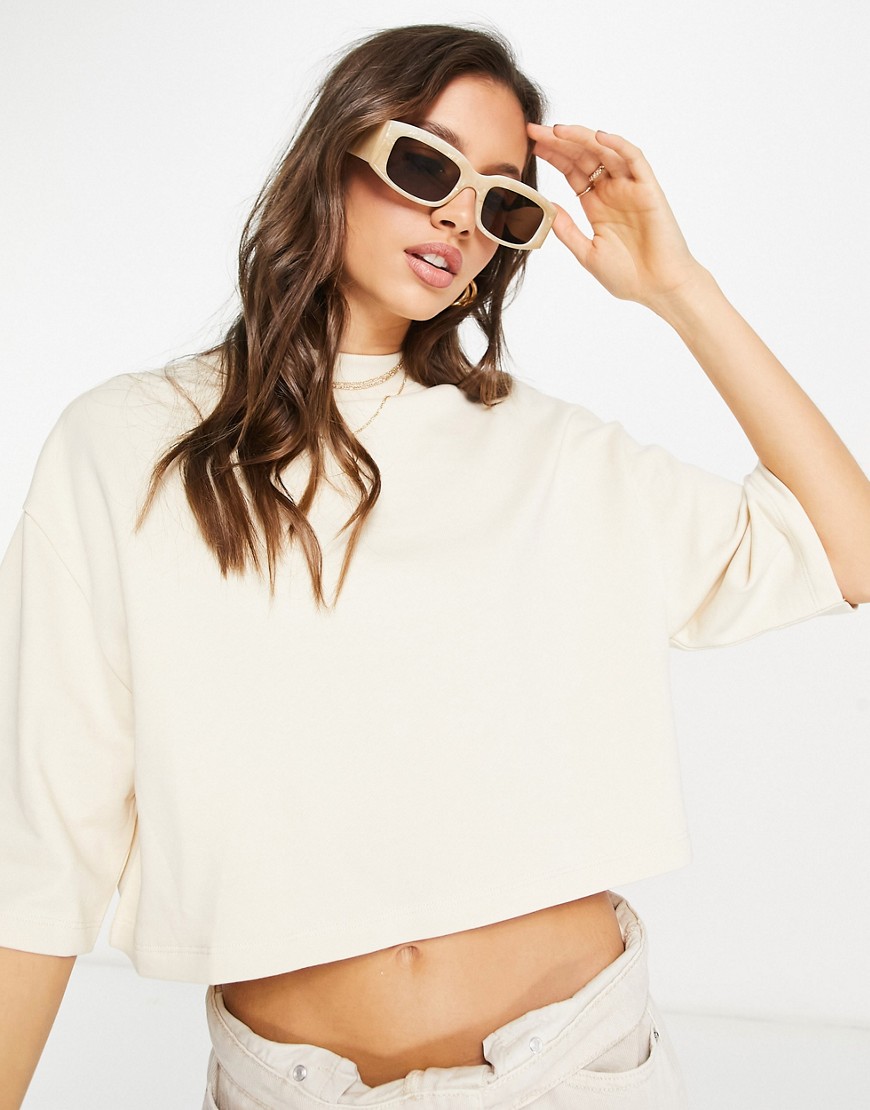 ASOS DESIGN boxy cropped short sleeve sweat in stone-Neutral