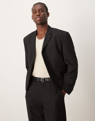 Asos Design Boxy Cropped Suit Jacket In Black Texture In Black