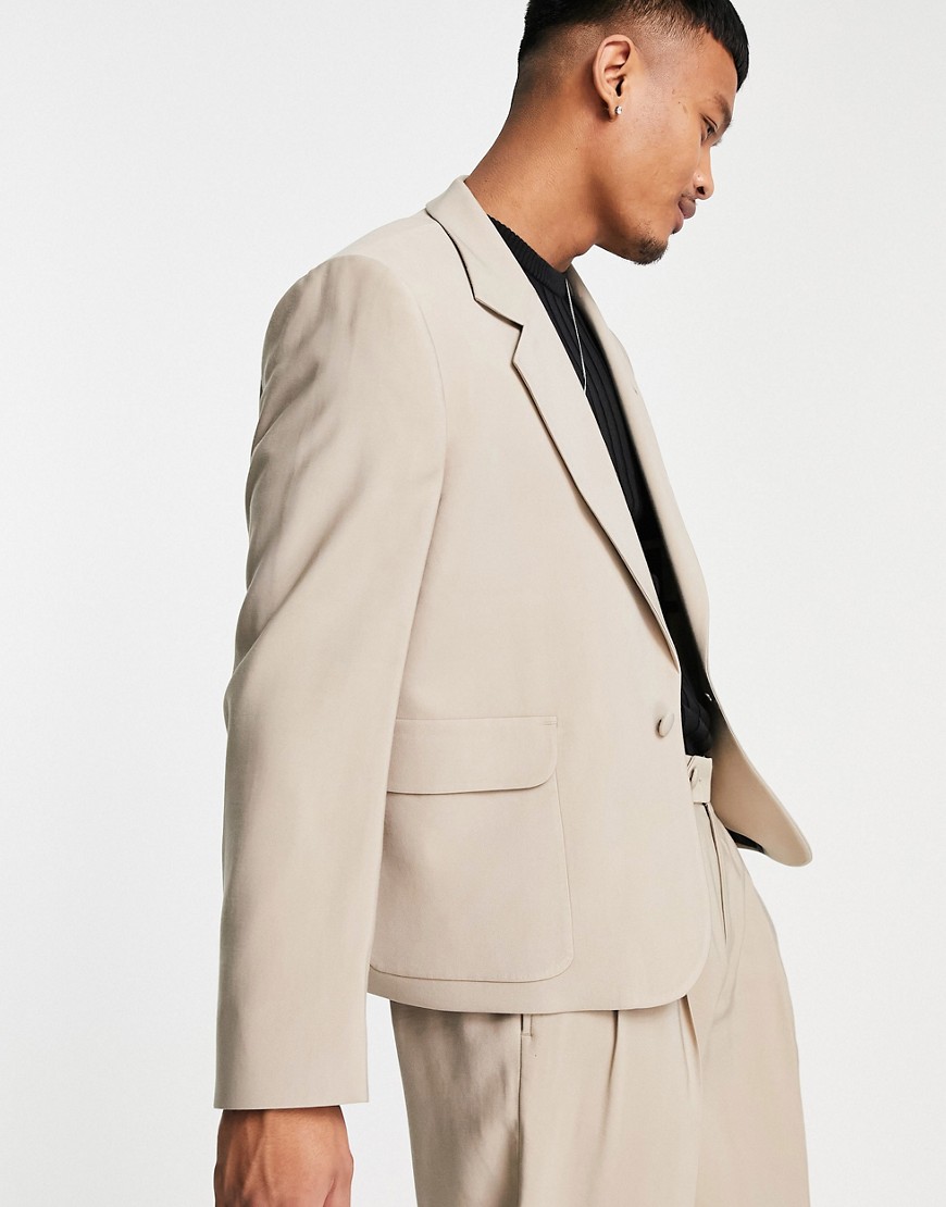 ASOS DESIGN boxy cropped suit jacket in stone-Neutral