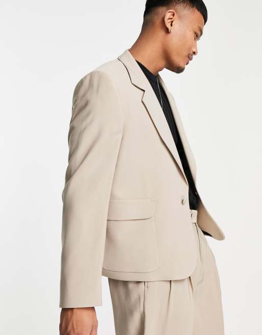 Asos Design Boxy Cropped Suit Jacket In Stone Asos