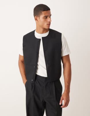 ASOS DESIGN ASOS DESIGN boxy cropped suit waistcoat in black linen blend