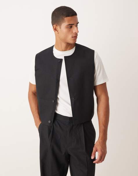 ASOS DESIGN boxy cropped suit waistcoat in black linen blend - view 1