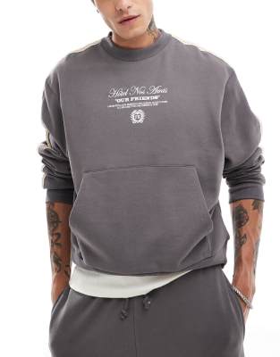 Asos Design Boxy Cropped Sweatshirt With Tape Detail And Text Print In Charcoal-gray
