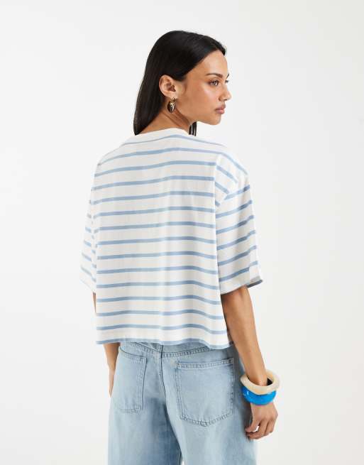ASOS DESIGN boxy cropped t-shirt baby blue & cream stripe, 3 of 4