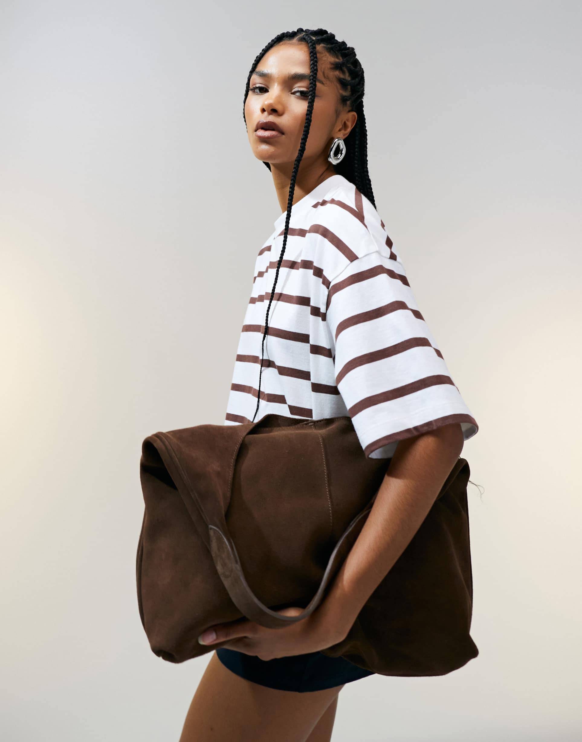 asos design boxy cropped t-shirt in chocolate & cream stripe