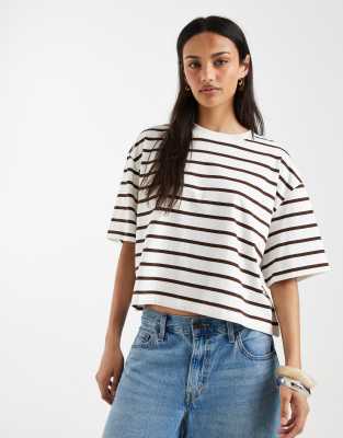 ASOS DESIGN boxy cropped t-shirt in chocolate & cream stripes