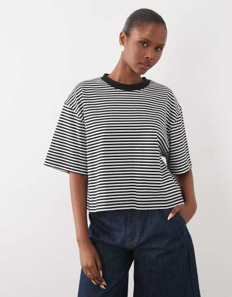 ASOS DESIGN boxy cropped t-shirt in mono stripe - view 1