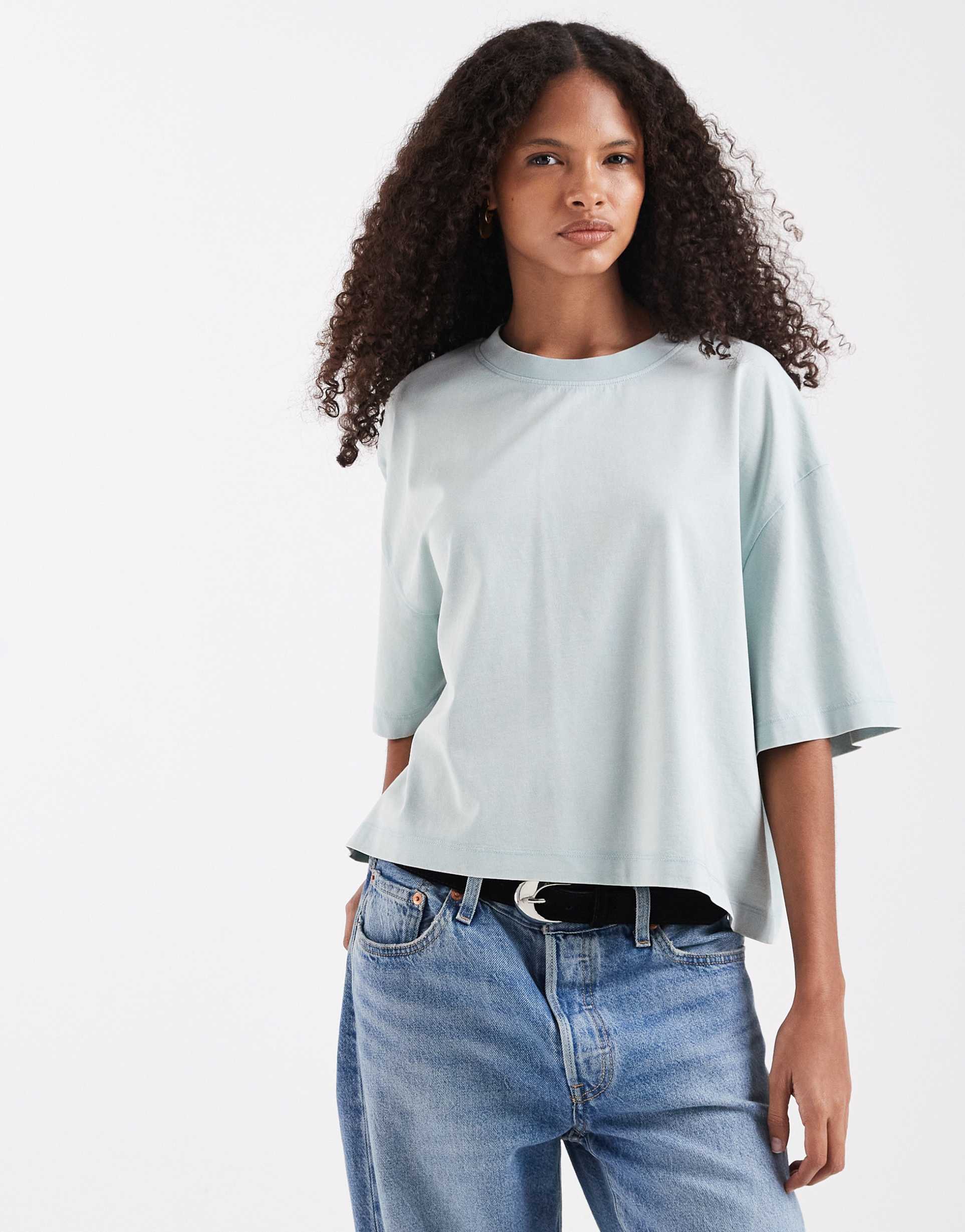 asos design boxy cropped t-shirt in washed blue