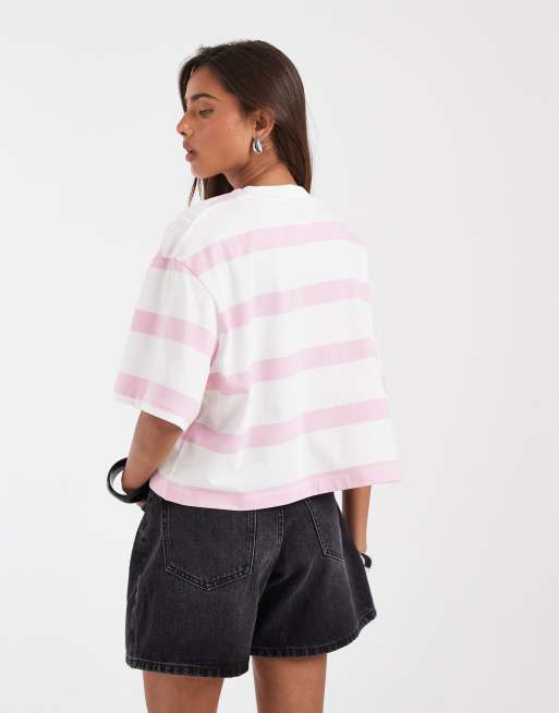 ASOS DESIGN boxy cropped t-shirt pink & cream stripe, 3 of 4