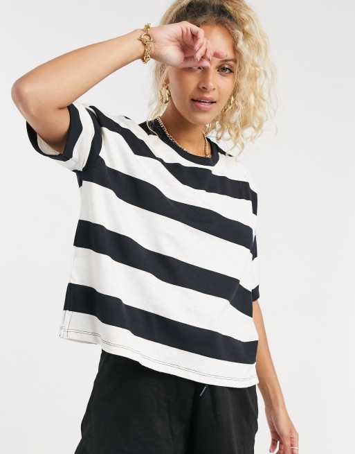 ASOS DESIGN boxy cropped tshirt with chunky stripe in black and cream