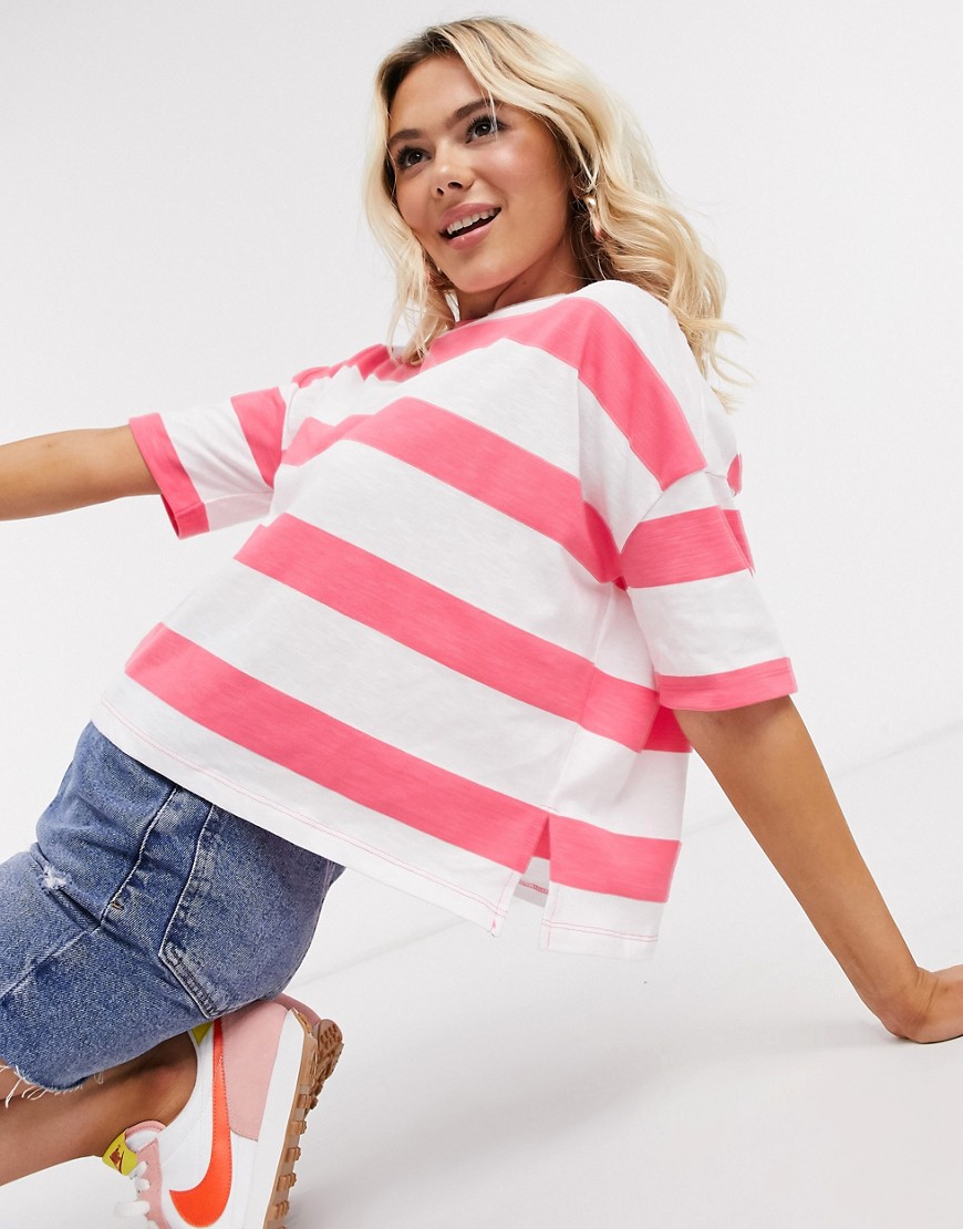 ASOS DESIGN boxy cropped t-shirt with chunky stripe in bright pink and white
