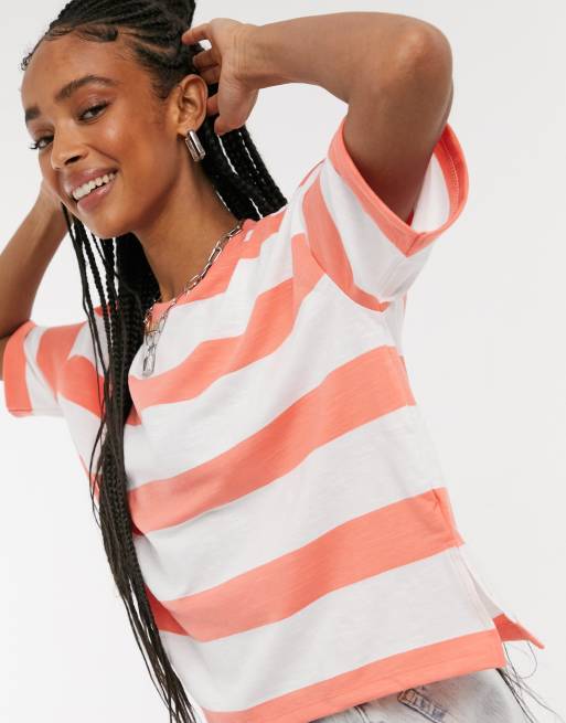 ASOS DESIGN boxy cropped t-shirt with chunky stripe in orange and white