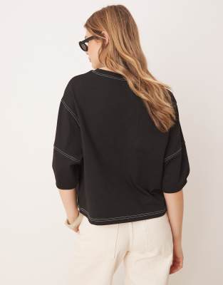 Shop Asos Design Boxy Cropped T-shirt With Contrast Stitch In Black