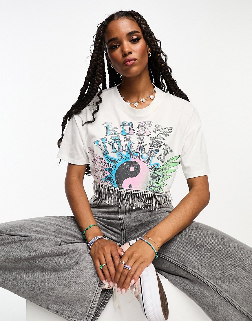 ASOS DESIGN boxy cropped t-shirt with festival graphic and diamante trim in white-Grey