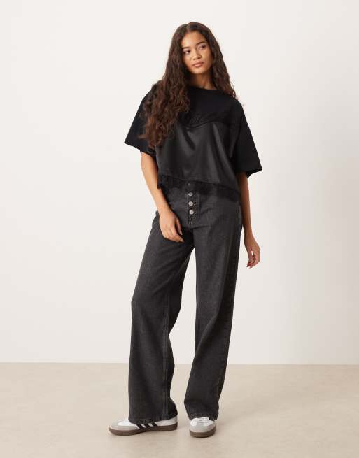 ASOS DESIGN boxy cropped tee with lace layer detail in black, 2 of 4