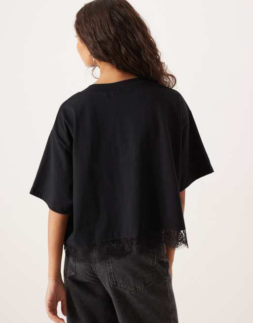 ASOS DESIGN boxy cropped tee with lace layer detail in black, 4 of 4