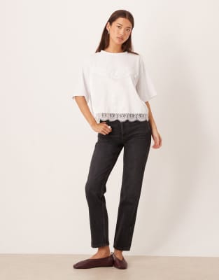 Asos Design Boxy Cropped Tee With Lace Layer Detail In White