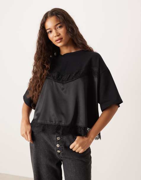 ASOS DESIGN boxy cropped tee with lace layer detailing in black - view 1