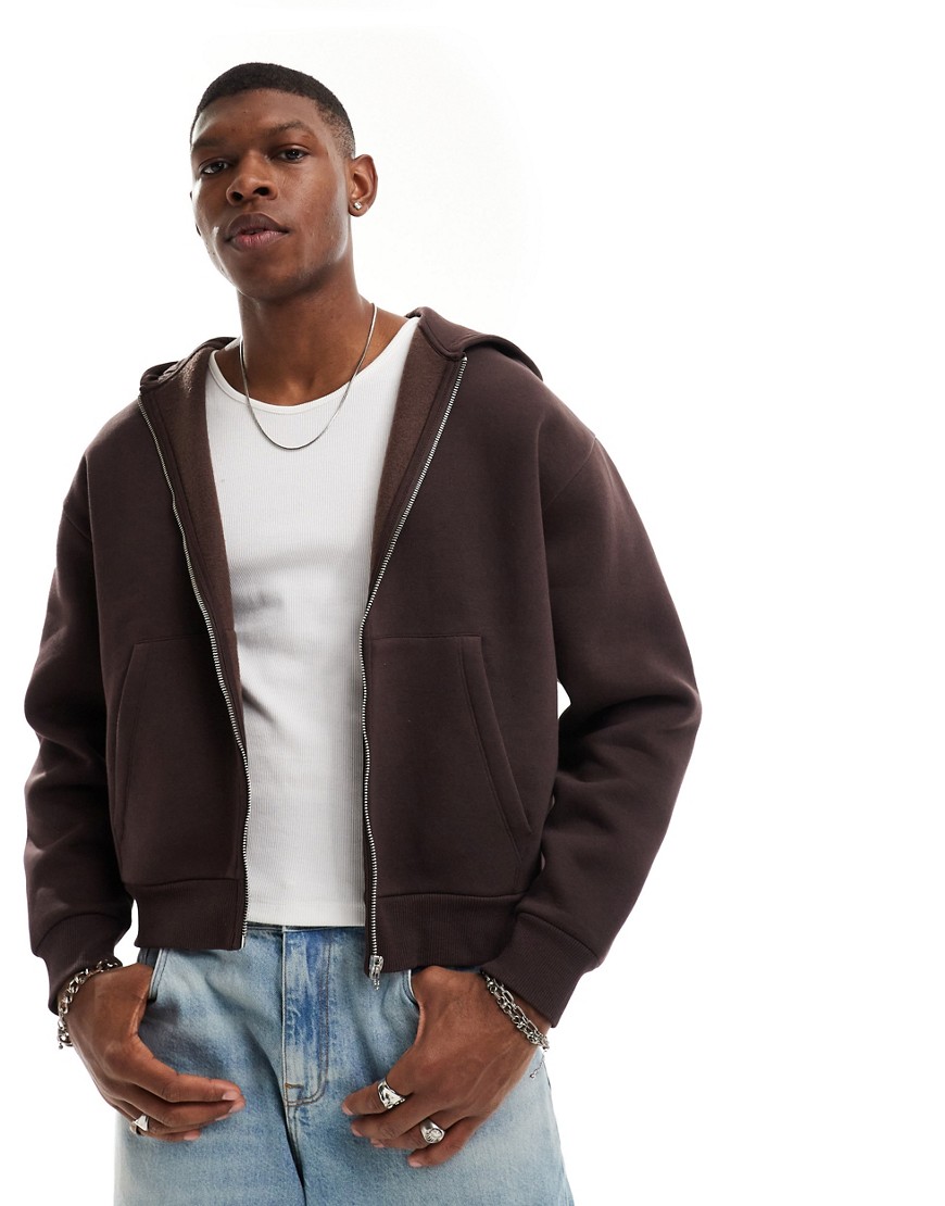 ASOS DESIGN boxy cropped zip through hoodie in brown