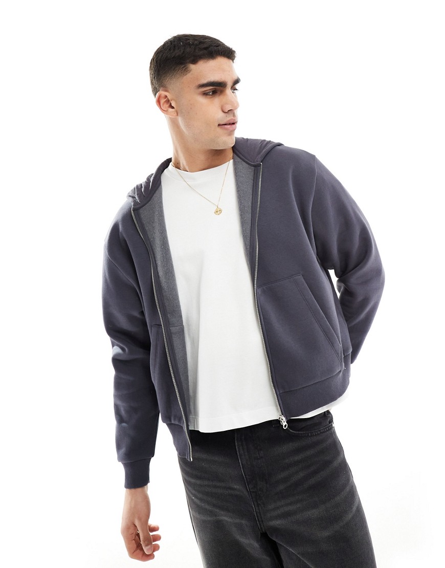 ASOS DESIGN boxy cropped zip through hoodie in charcoal-Grey