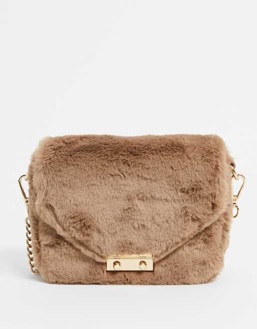 ASOS DESIGN boxy cross body bag in brown faux fur ASOS