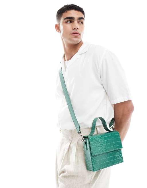 Asos Design Boxy Cross Body Bag In Green Faux Croc Asos