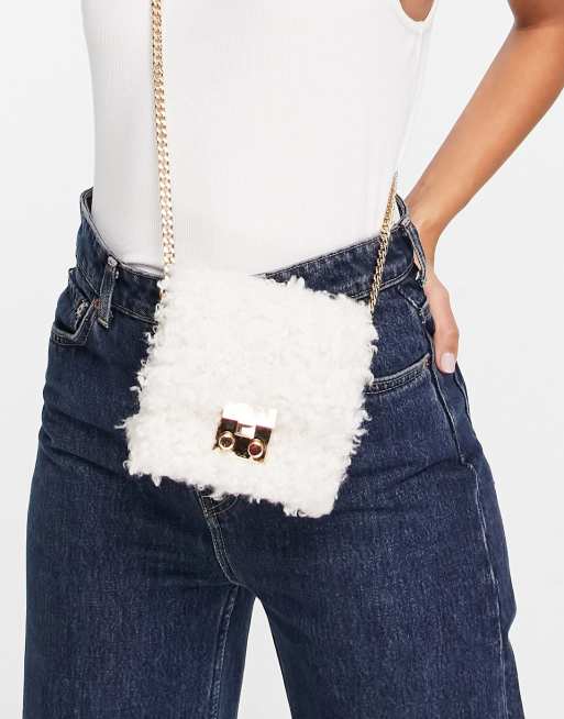ASOS DESIGN boxy cross body bag with interchangeable strap in cream borg , 2 of 4