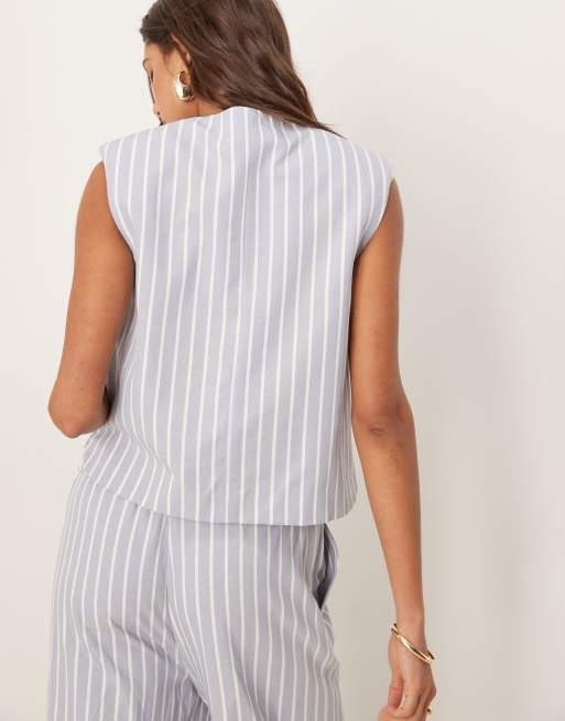 ASOS DESIGN boxy cutaway vest with linen in blue and white stripe - part of a set , 3 of 4