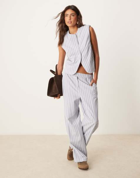 ASOS DESIGN boxy cutaway waistcoat and pants with linen in blue and white stripe - view 1