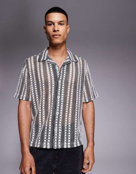 ASOS DESIGN boxy deep revere crochet shirt in black and white stripe - view 1