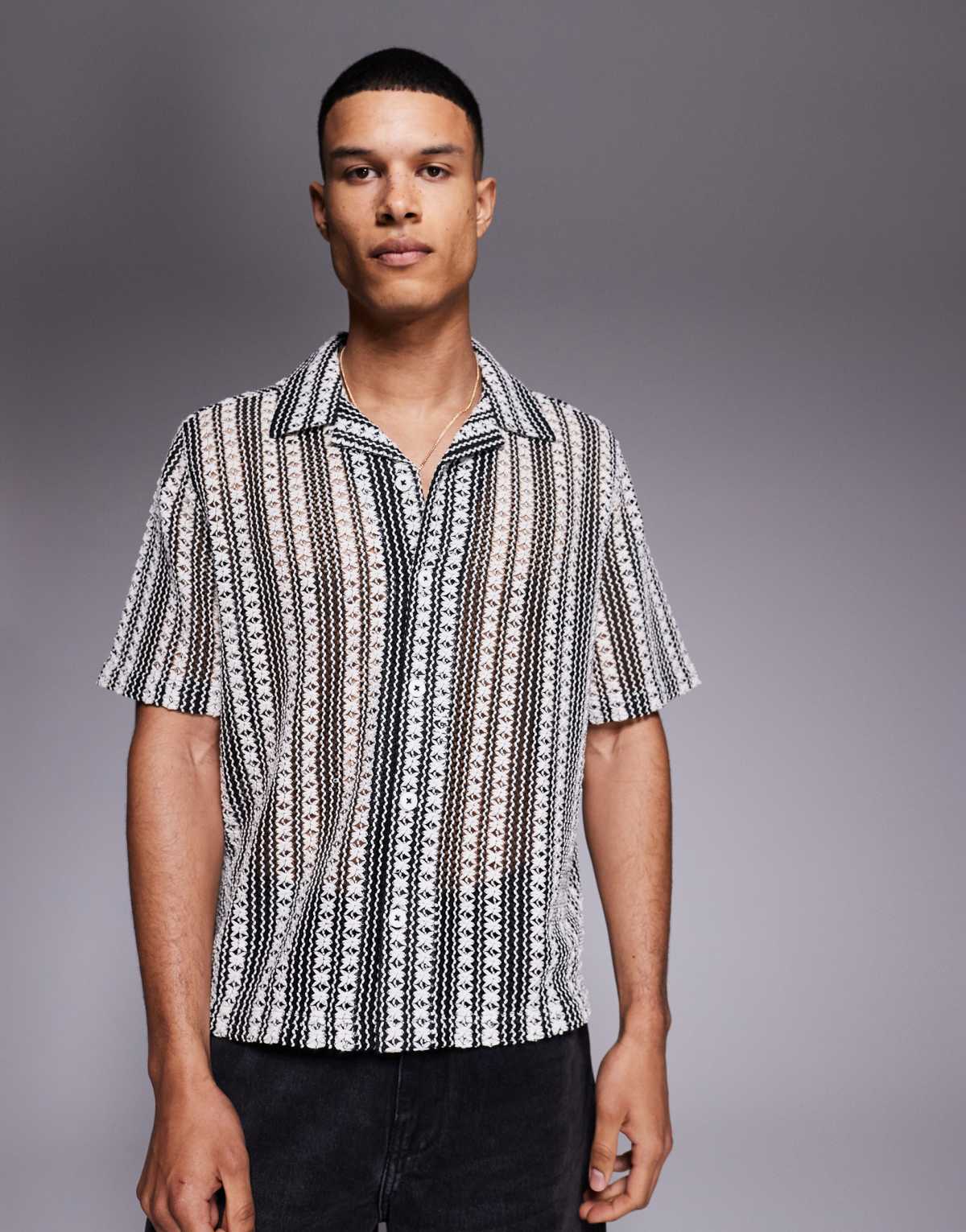 ASOS DESIGN boxy deep revere crochet shirt in black and white stripe