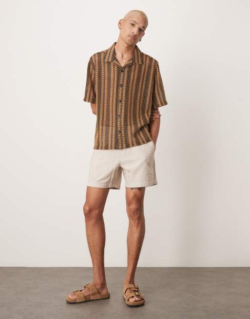 ASOS DESIGN boxy deep revere crochet shirt in brown stripe