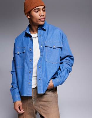 boxy denim overshirt in mid wash blue