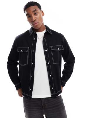 boxy denim overshirt with front pockets in black